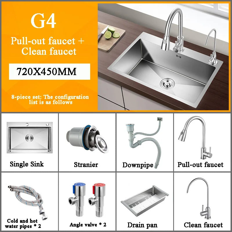 Stainless Steel Kitchen Sink Farm House Above Counter Undermounter Single Bowel Wash Basin with Faucet Drain Kitchen Accessories