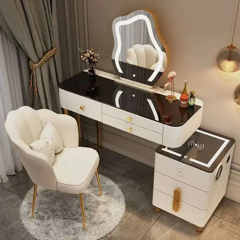 Luxury Glass Dressing Table with Smart Wireless Charging Bedroom Vanity Nightstand Makeup Table Drawers with Led Mirror Dresser