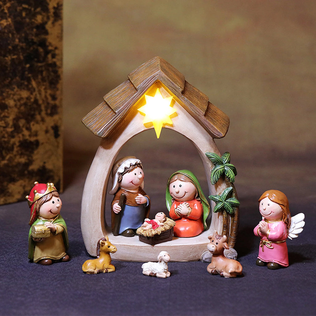 12Pcs Christmas Nativity Figurines with Light Resin Holy Family Birth of Jesus for Christmas Tabletop Church Shelf Chapel