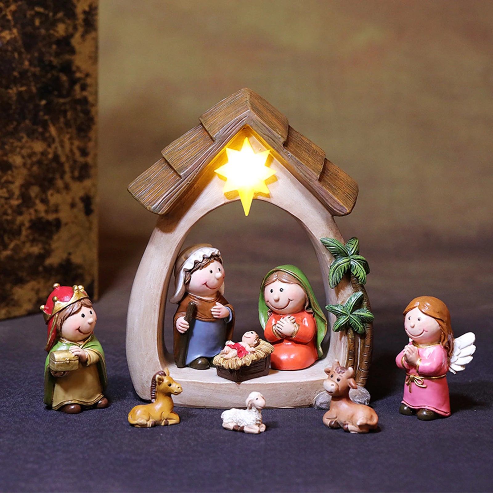 12Pcs Christmas Nativity Figurines with Light Resin Holy Family Birth of Jesus for Christmas Tabletop Church Shelf Chapel