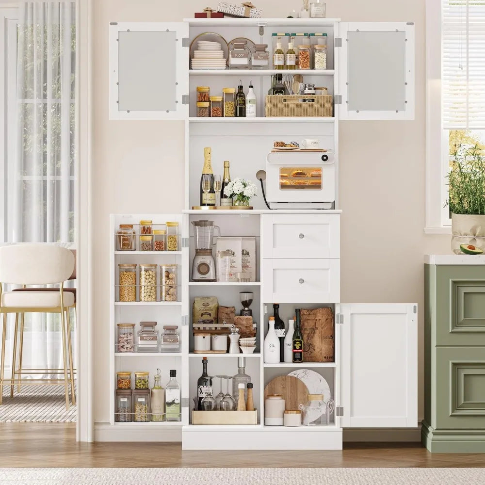 72" Tall Kitchen Pantry Storage Cabinet, Kitchen Hutch Cabinet with Doors and Shelves, Modern Food Pantry with 2 Drawers