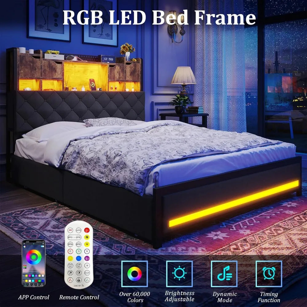 Queen Bed Frame with 4 Drawers and Hidden Storage Headboard,LED Bed Frame with Marshmallow Storage and Charging Station,Light up