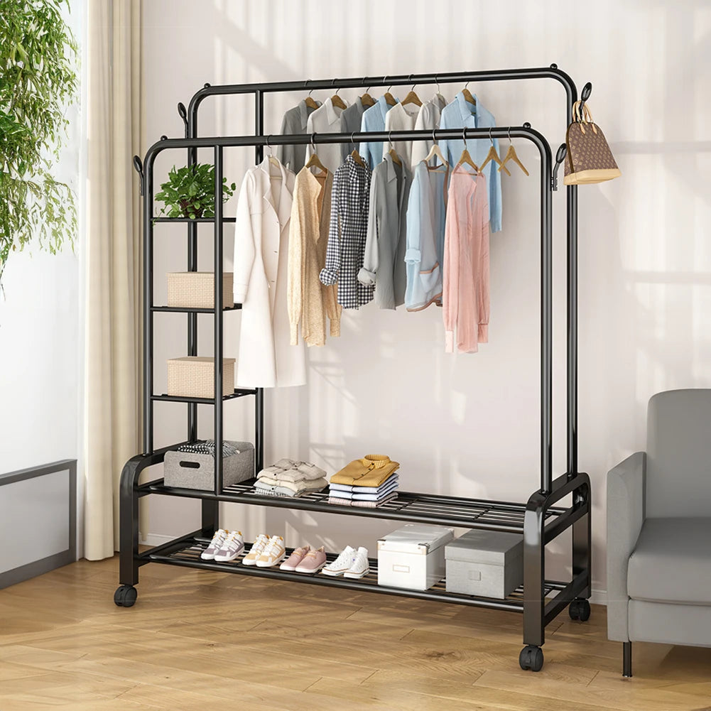 【Breeins】Double-Rod Clothes Rack with Wheels Storage Organizer Clothes Shelf Tidy Home Decoration