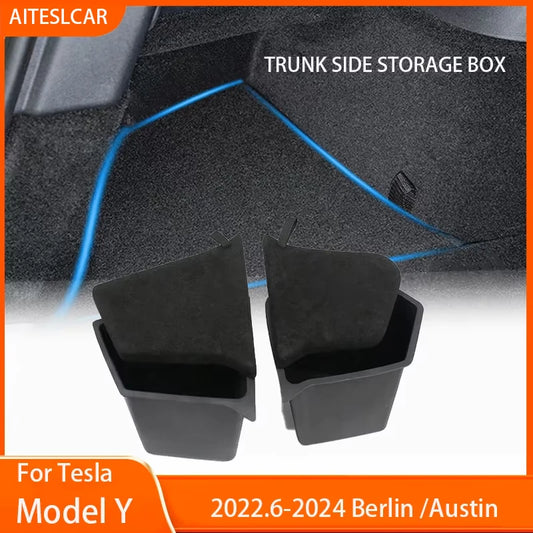 Trunk Side Storage Bins For Tesla Model Y-Berlin/Austin 2022-2024 Cargo Compartment Organizer Bucket TPE Box & Carpet Lids