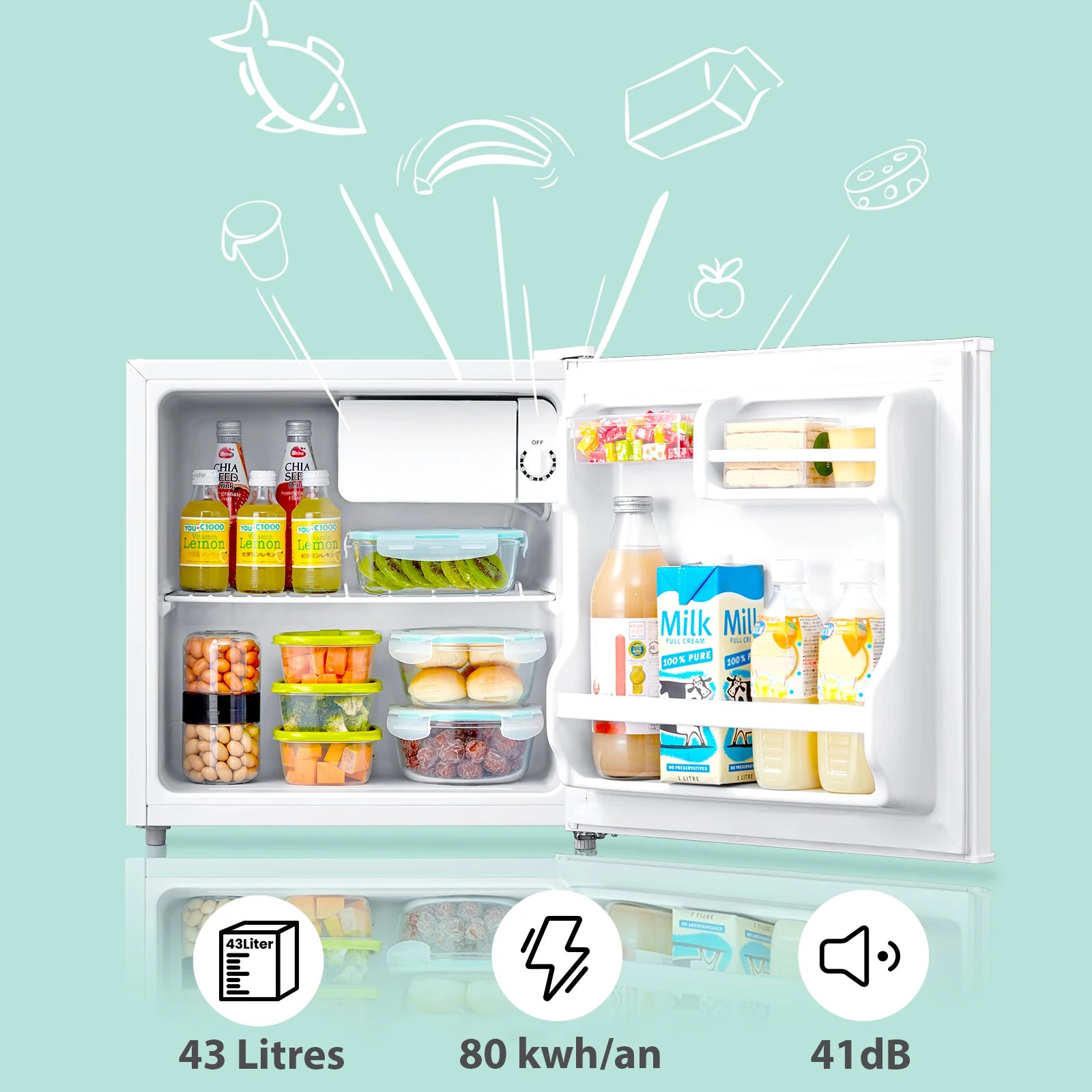 COMFEE' RCD50WH2(E) Mini Cafè fridge, small and silencer, single-piece door, for hotel applications