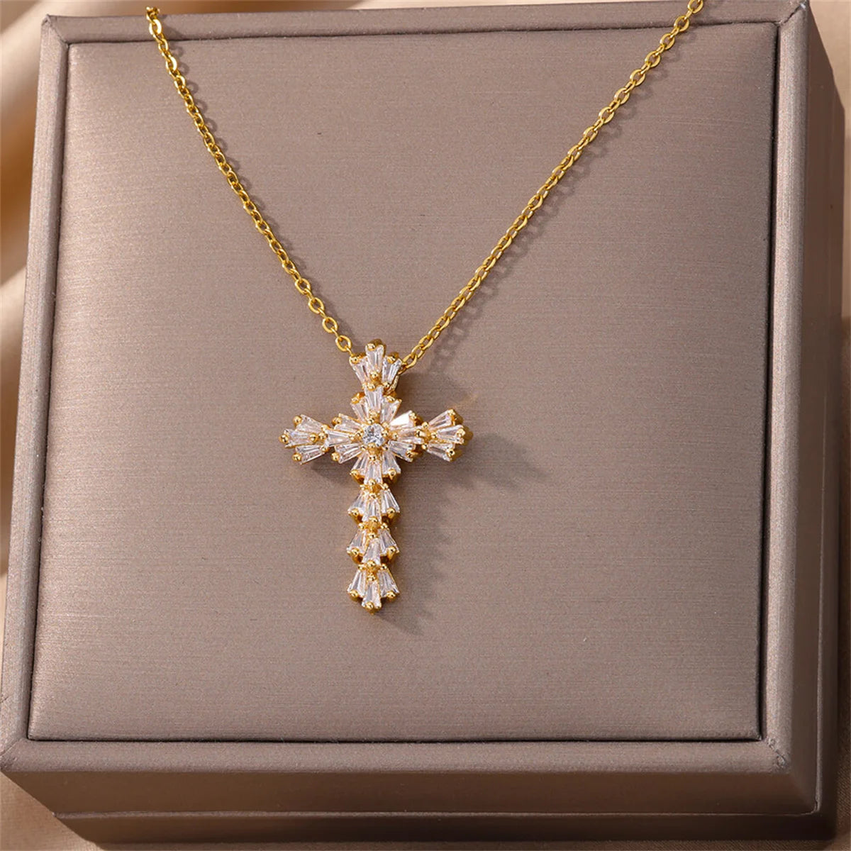 Luxury Zirconia Cross Pendant Necklace - Stainless Steel Crystal Chain for Women | AlluCanFind