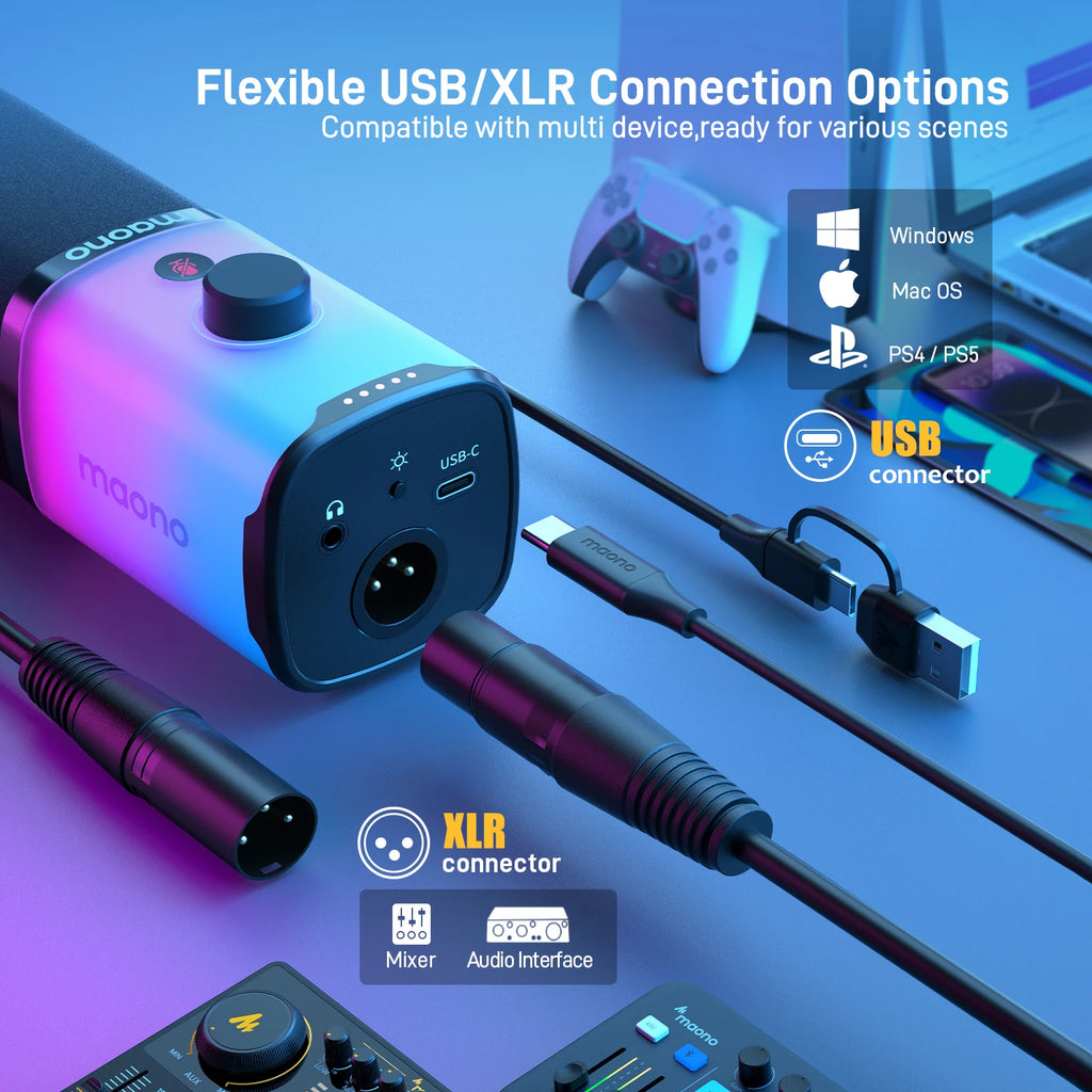 MAONO PD100X Gaming MIC,USB/XLR Dynamic Microphone with Noise Reduction,Mute,Headphone Jack,RGB MIC for Gamer Streaming Podcast