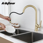 Brushed Gold Pull Out Kitchen Faucet Deck Mounted Stream Sprayer Hot and Cold Water Wash Sink Mixer Tap Brass 360 Rotation Crane