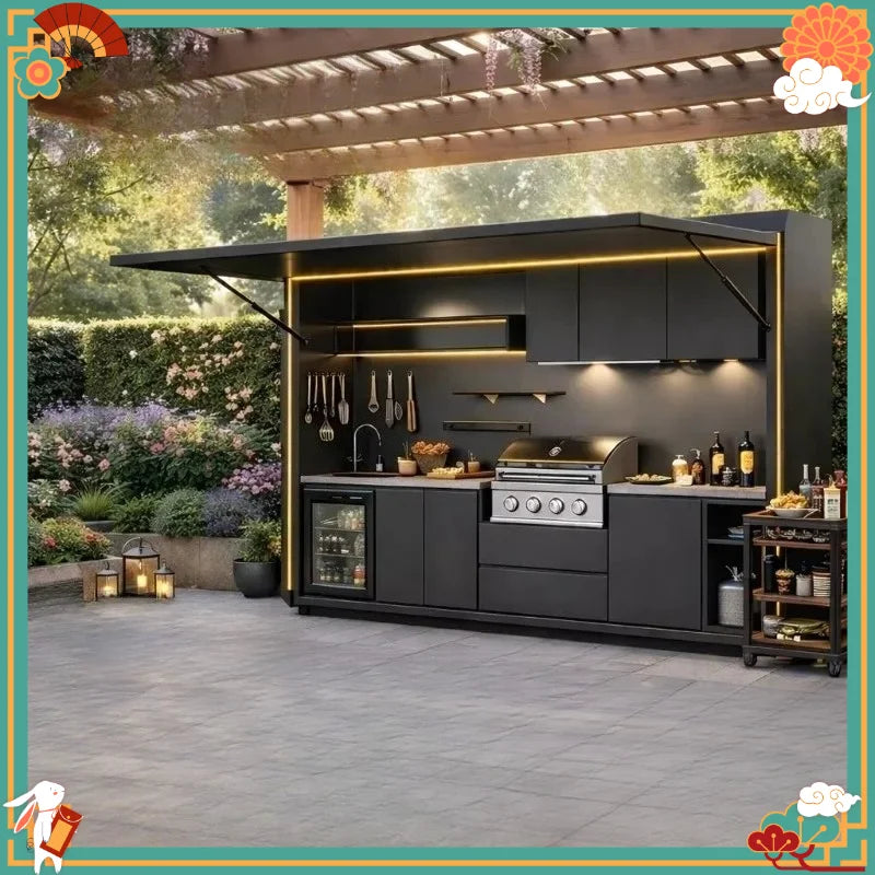 Customized Modern Aluminum Outdoor Kitchen Cabinet Sideboard Custom Size Garden Dining Island Storage Furniture Set