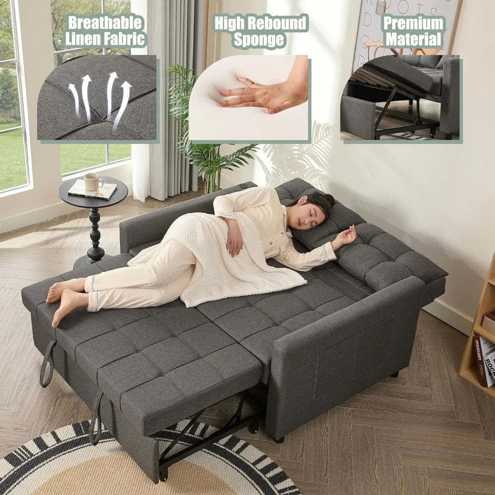 52" Sleeper Sofa with Pull-Out Bed, 3-in-1 Convertible Sofa Bed, Loveseat with Stepless Adjustable Backrest and Side Pocket