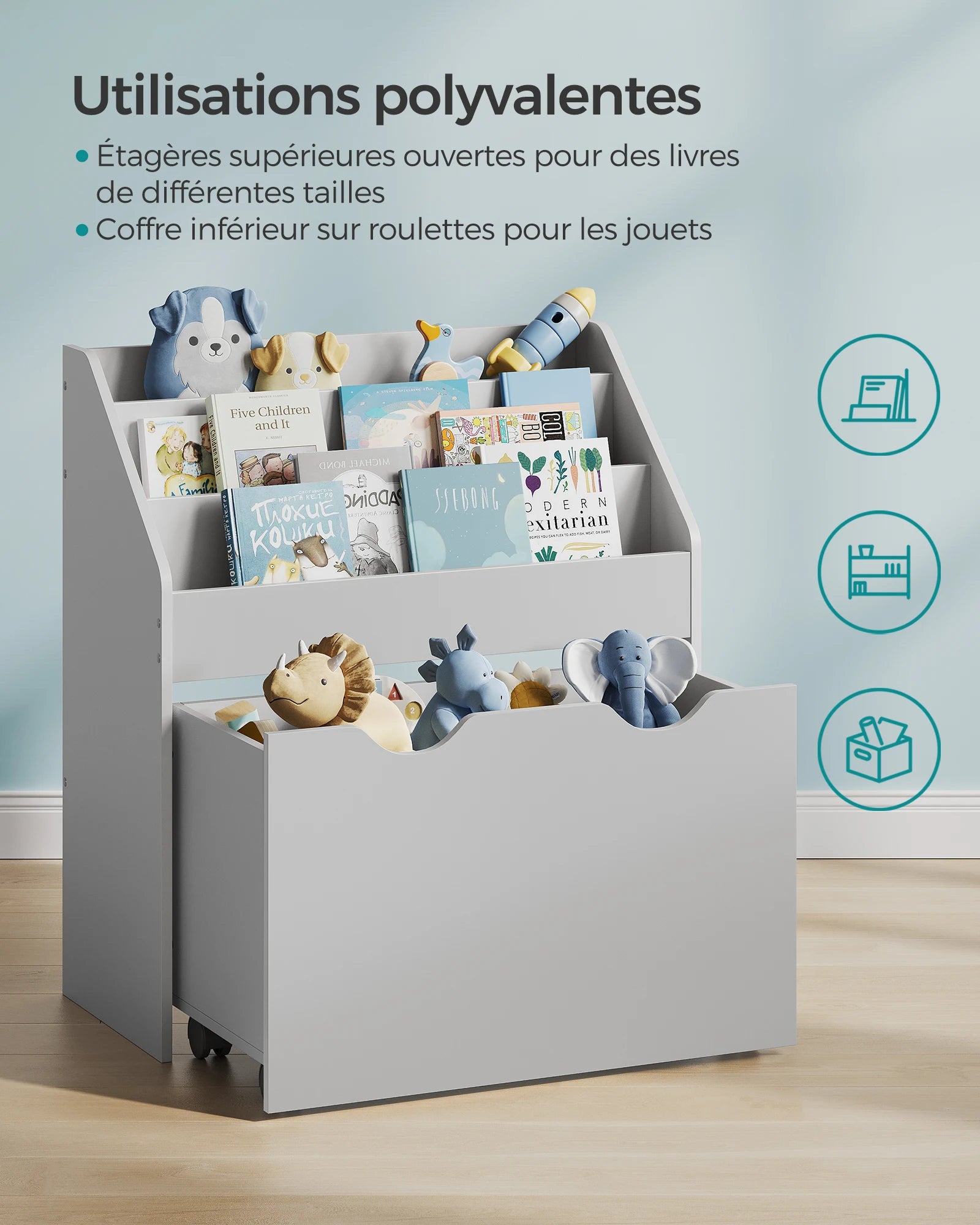 SONGMICS Kids Bookshelf and Toy Organiser, Toy Storage Chest and Bookcase with 3 Shelves, Storage Box with Wheels, Multipurpose