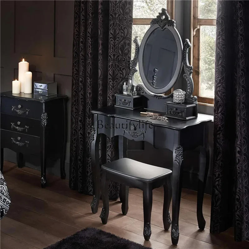 *retro dresser classic black solid wood bedroom princess makeup table American light luxury engraving