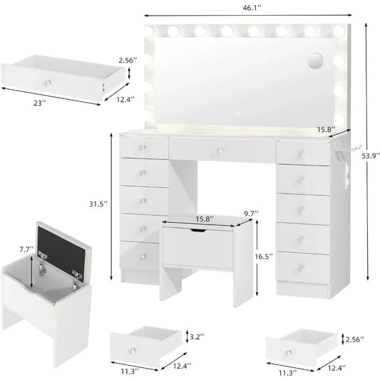 Dressing Table with Illuminated Mirror, with Glass Top and 11 Drawers, 3 Color Lighting Modes, Dresser with Upholstered Stool