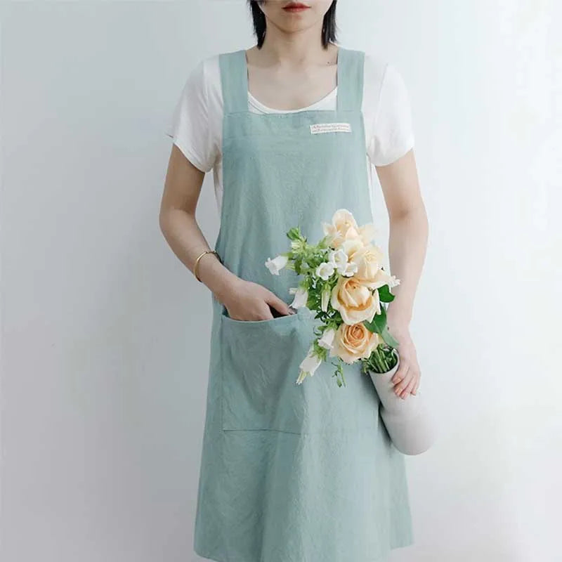 Stain-resistant Cotton Linen Cross-back Kitchen Apron With Pocket Plain Women's Pinafore For Cooking Cleaning Gardening Baking