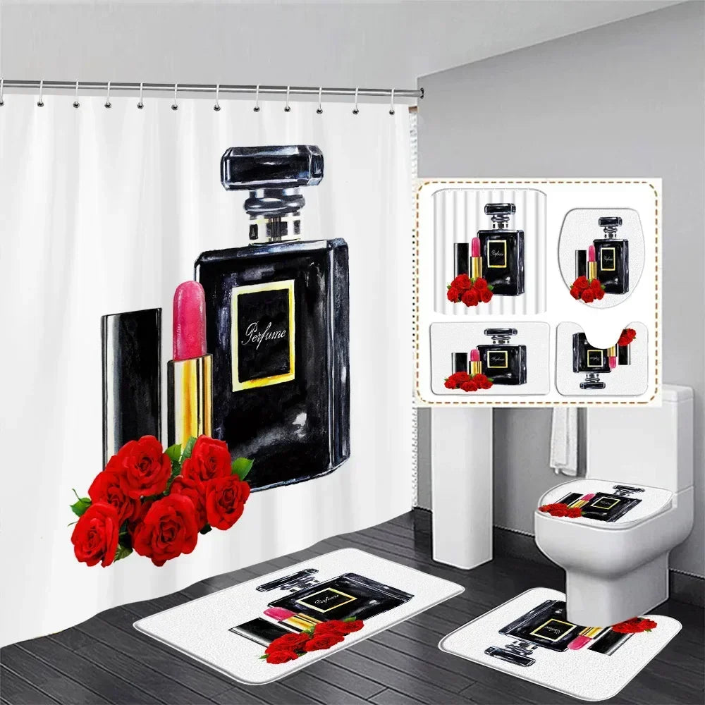 Fashion Perfume Shower Curtain Set Pink Rose Flower Modern Woman Girl Home Bathroom Decor Non Slip Rug Bath Mat Toilet Lid Cover