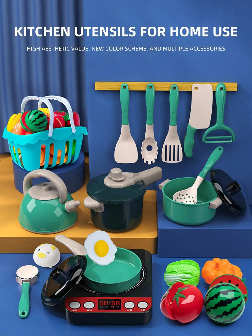 Kids Kitchen Toys Pretend Play Cooking and Serving Utensils with Play Pots Kitchen Accessories Kit Fruit Cutting Tools for Girls