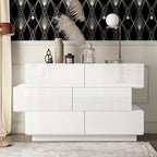 6 Drawer Double Dresser with Modern Faces, Wood Dresser Chest with Decor Drawers and Golden Handles, Storage Chest of Drawers