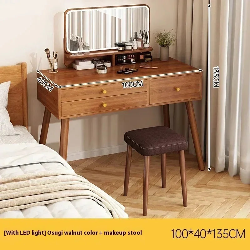 Minimalist Retro Dressers for Bedroom Walnut Color Dressing Tables with Mirror Chair Makeup Dresser Vanity Bedroom Furniture2025