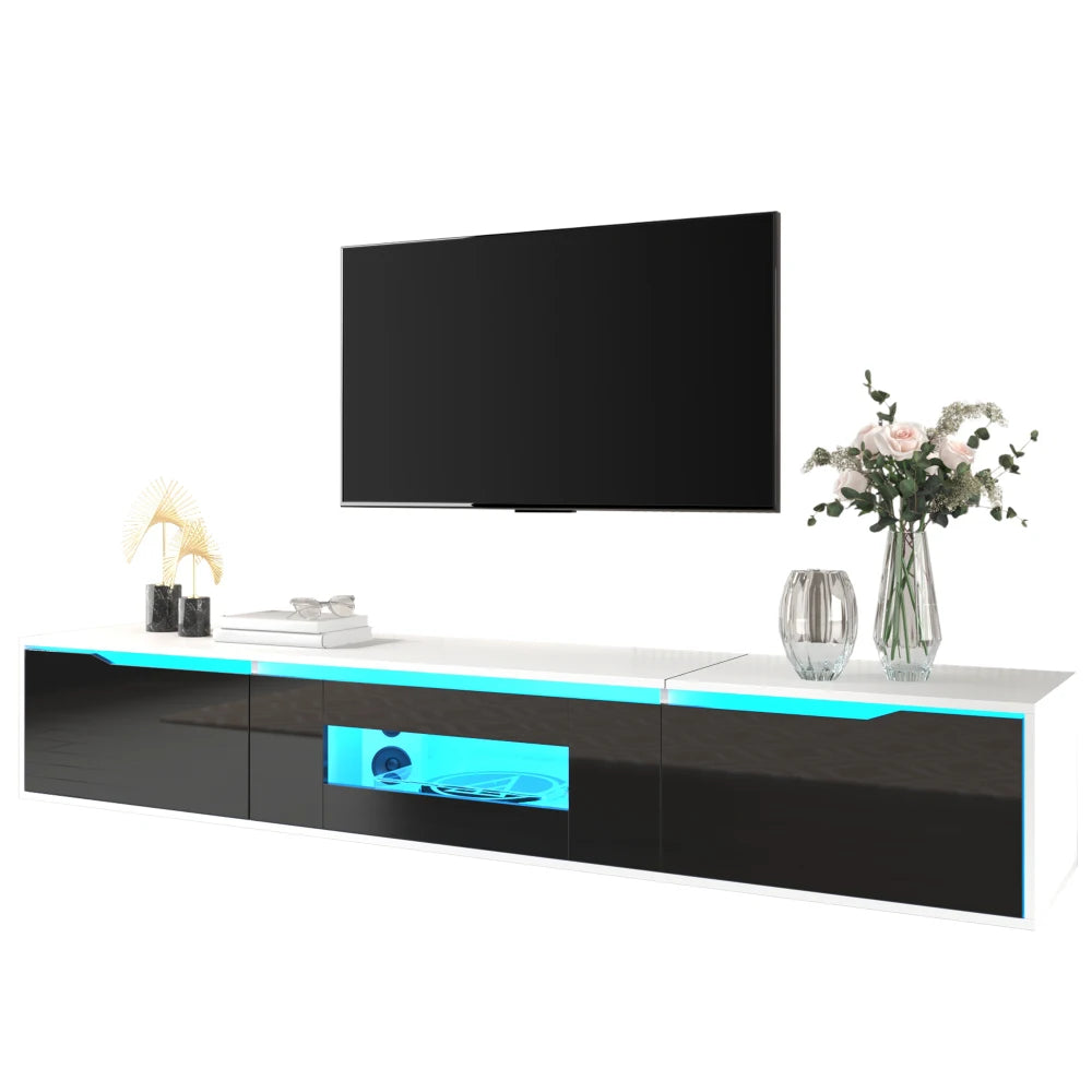 Modern TV Cabinet, High Gloss TV Stand, Color Matching To Black and White, with Color Changing LED Lighting, for Living Room