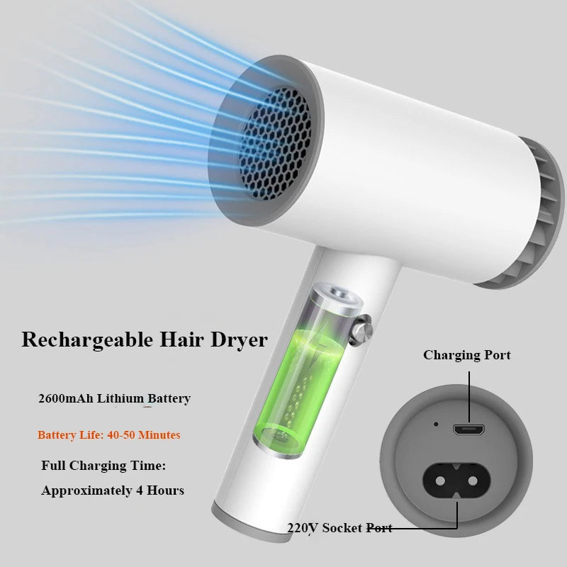 Portable Wireless Hair Dryer Rechargeable for Travel  Outdoor Use with Hot & Cold Air 2600mAh Lithium Battery and Strong Airflow