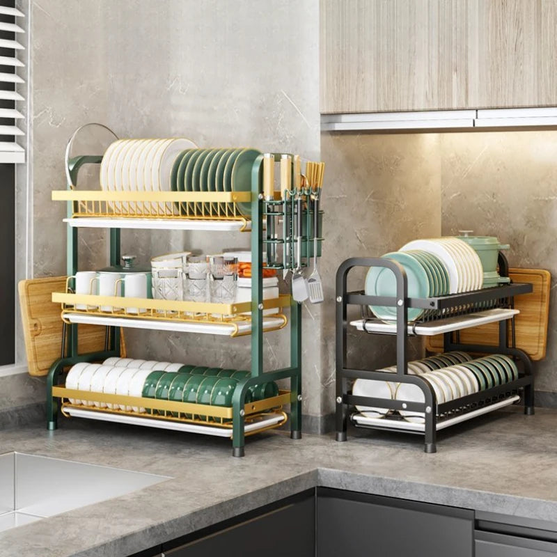 Kitchen Dish Drying Rack Countertop Organizer with Utensil Holder Cutting Board & Spice Rack
