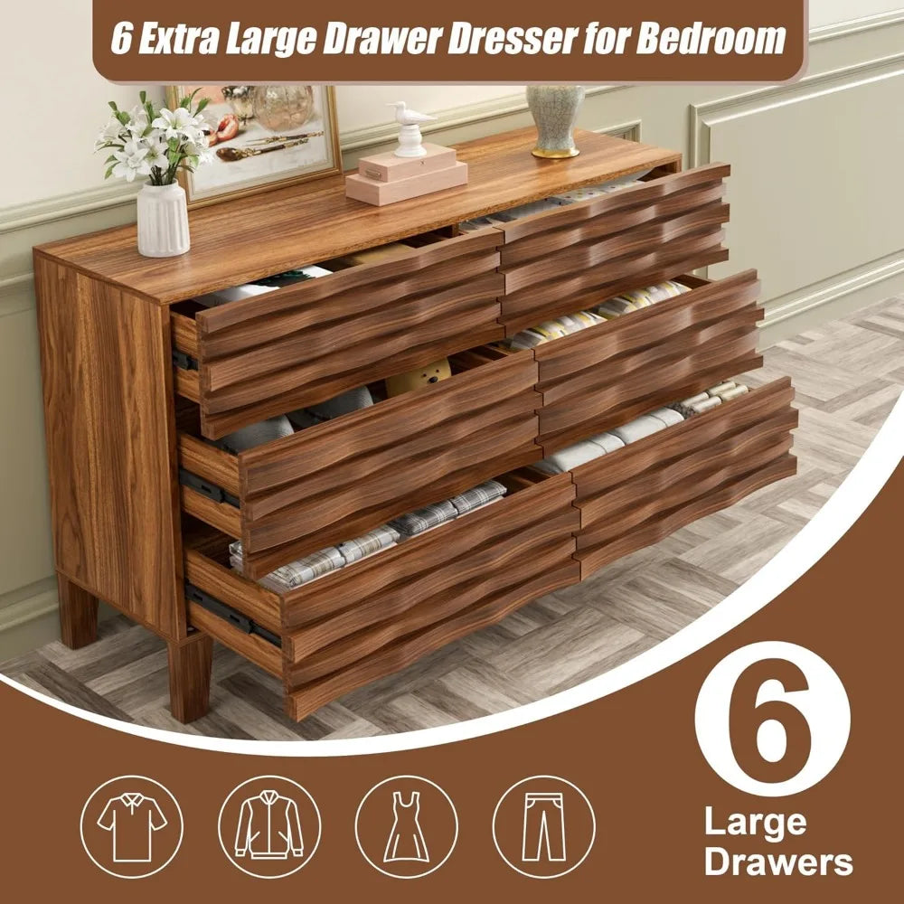 Solid Wood Face 6 Drawer Dresser,Mid Century Modern Dresser with Chest,Flutted Chest of Drawers with Moire Patten for Bedroom,