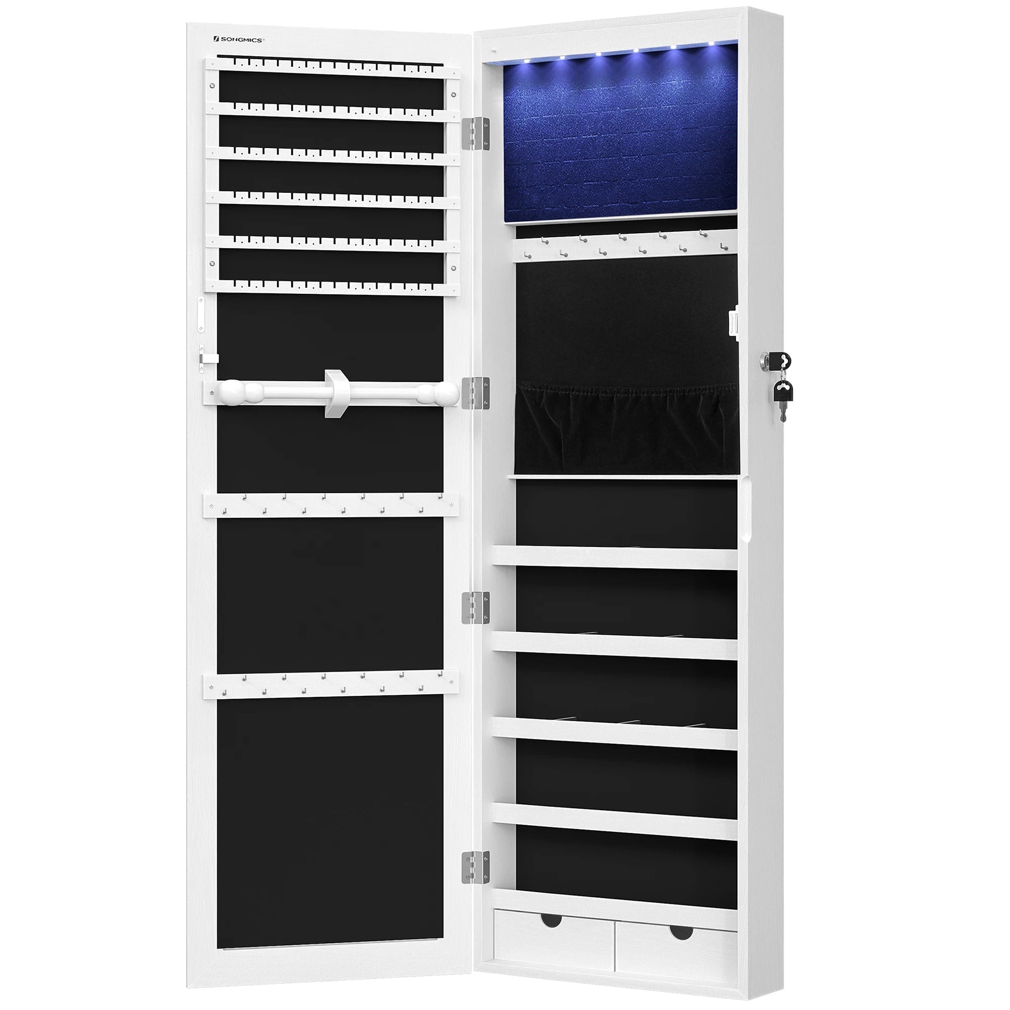Armoire à Bijoux Mural pour Colliers, Boucles d'Oreilles, avec Miroir, Divers Compartiments, Verrouillable, Blanc