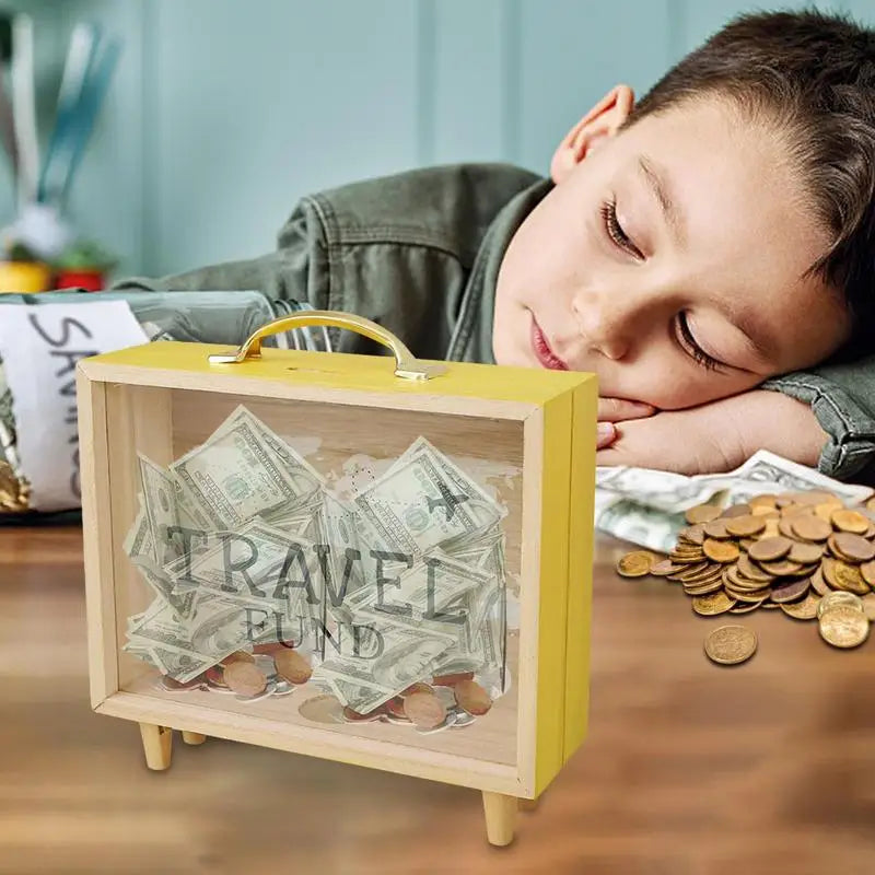 Money Saving Jar Travel Fund Piggy Bank Wooden Suitcase Bank Counting Money Jar Funny Money Bank Desktop Decor Ticket ShadowBox