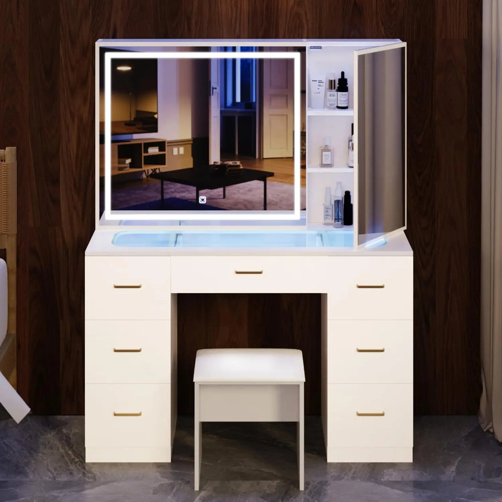 Vanity Desk with Lighted Mirror and Charging Station&Glass Tabletop, Sliding Mirror Makeup Vanity Table, Dressing Table