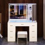 Vanity Desk with Lighted Mirror and Charging Station&Glass Tabletop, Sliding Mirror Makeup Vanity Table, Dressing Table