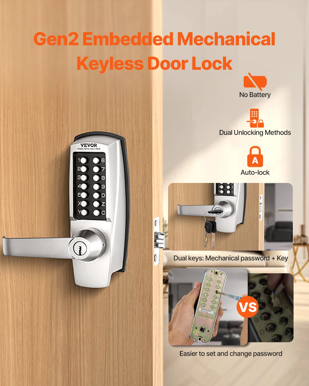 VEVOR Mechanical Keyless Entry Door Lock 14 Key Mechanical Door Lock Key Mechanical Keypad Door Lock Handle Stainless Steel Lock