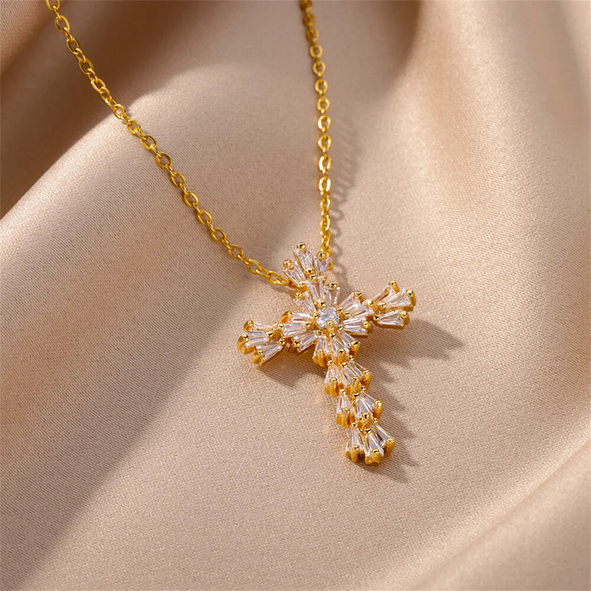 Luxury Zirconia Cross Pendant Necklace - Stainless Steel Crystal Chain for Women | AlluCanFind