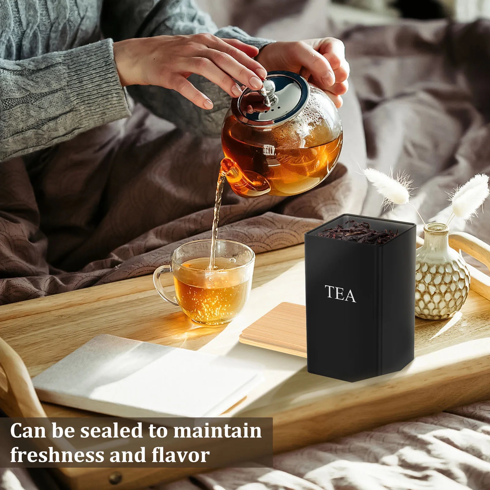Kitchen Canister Set Coffee Sugar and Tea Storage Container Jars Metal with Bamboo Lid Square Black Snack Jars Kitchen 1000 ML