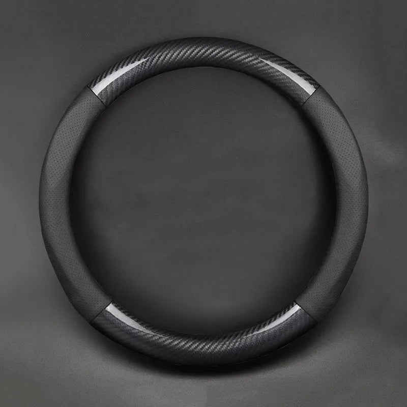 PU Leather D-shaped Steering Wheel Cover with Carbon Fiber Pattern Inner Circle – Non-Slip Sporty Grip for Car Steering Wheels