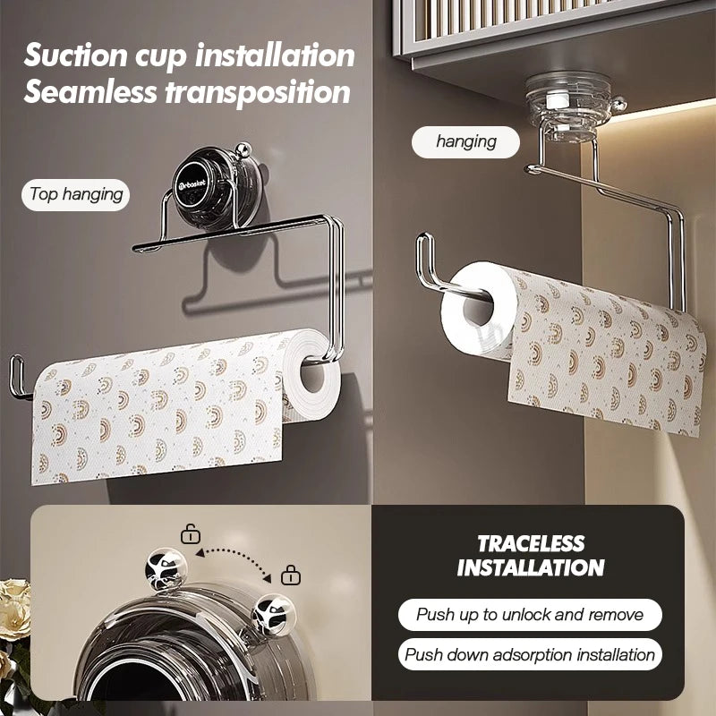 Kitchen Storage Rack Suction Cup Wall Mounted Non Perforated Stainless Steel Tissue Holder Bathroom Storage Home Storage