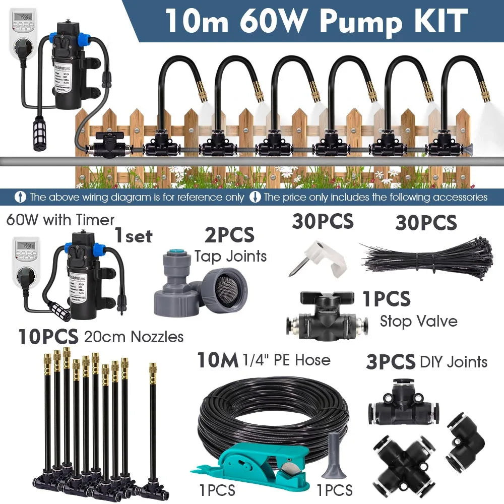 60w Self-priming Pump Garden Misting Cooling System 360° Free-bend Misting Nozzle Adjustable Fine Atomizer for Outdoor Watering