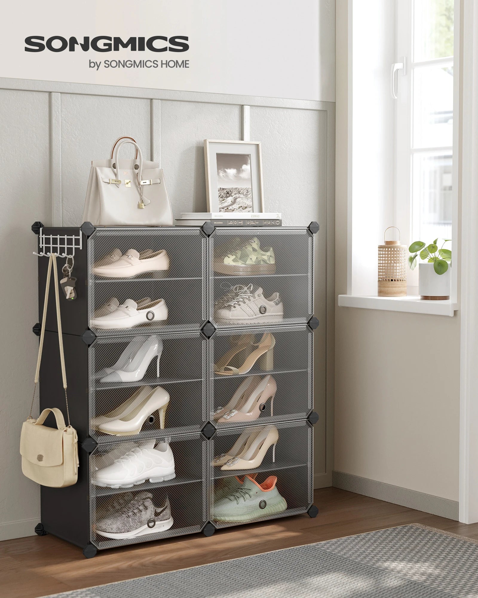 SONGMICS Interlocking Shoe Rack with Doors, 24-Pair 6-Tier Shoe Organizer, Steel Frame and Plastic Shelves