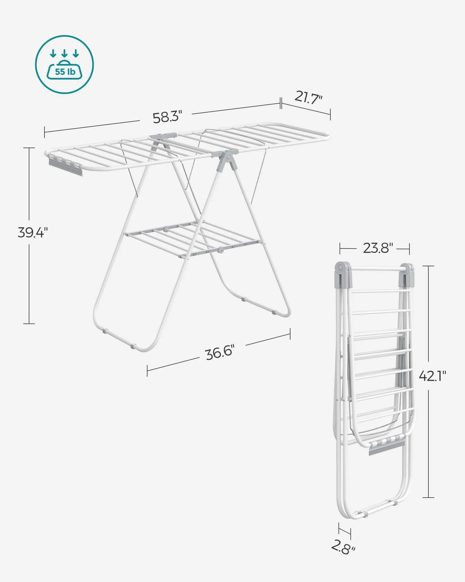 SONGMICS Clothes Drying Rack, with Sock Clips, Metal Laundry Rack, Foldable, Space-Saving, Free-Standing Airer