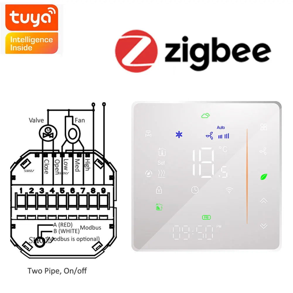 Zigbee & Wi-Fi & MODBUS TUYA Thermostat for Fan Coil Unit, 2P/4P, Cooling/Heating Function,RS485 95-240V, Smart HVAC Control