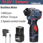 16.8V 2 in 1 Electric Screwdriver Lithium Battery Drill Handheld Power Tool 45Nm Torque Brushless Motor Cordless Screw Driver