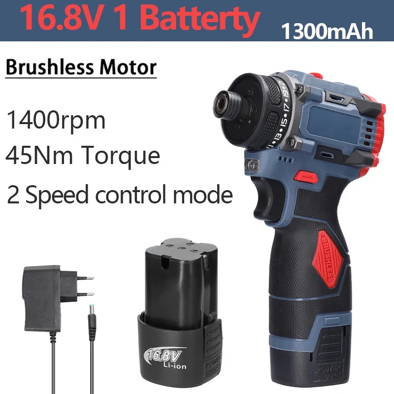 16.8V 2 in 1 Electric Screwdriver Lithium Battery Drill Handheld Power Tool 45Nm Torque Brushless Motor Cordless Screw Driver