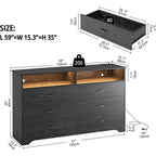 6 Drawer 59"  Dresser with LED and Power Strip, Dressers & Chests of Drawers with Storage Cabinet for Bedroom