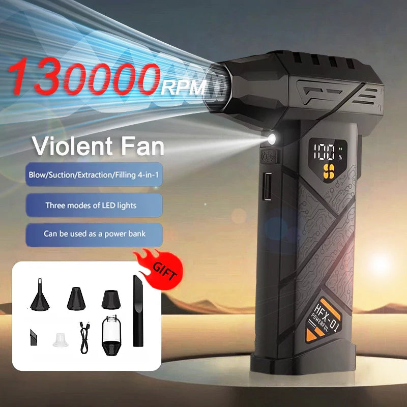 130000RPM Turbo Jet Blower LED Lighting 130000RPM Air Blower Brushless Motor Turbo Fan Wind Speed 8000mAh Battery Strong Breeze