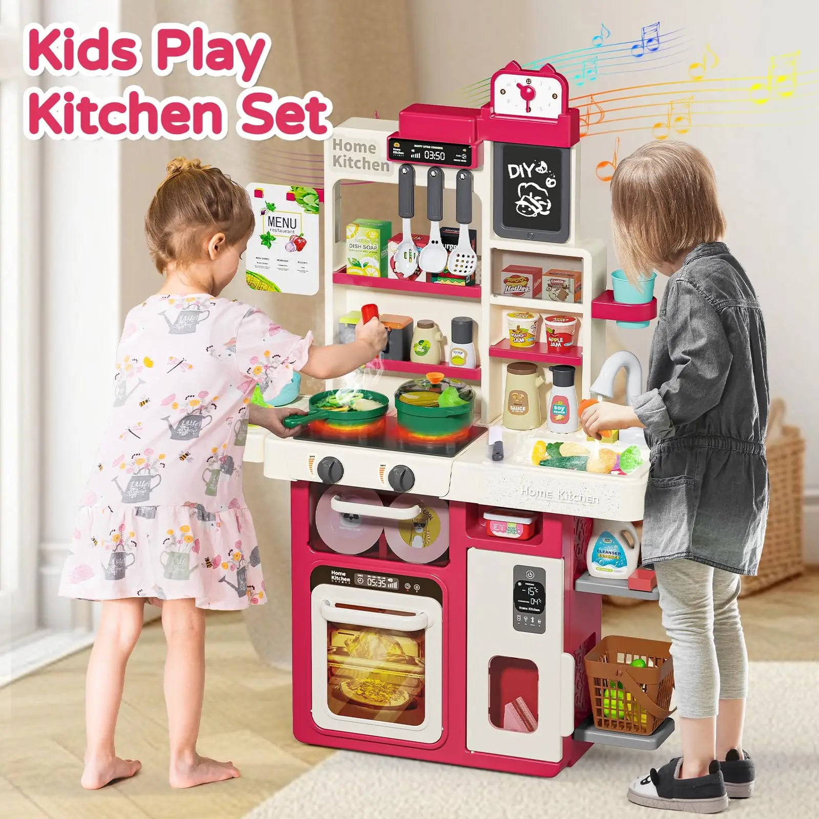 Simulated Kitchen Playset with Lights Sound Spray Steam, Kids Pretend Cooking Toy, Tableware Sink Set, Gift for Boys Girls