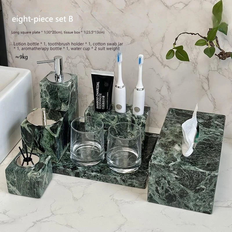 Luxury Marble Bath Set: Shampoo Bottles, Tray & Canister Organizer, Natural Stone Accessories for Home & Hotel Bathroom Decor