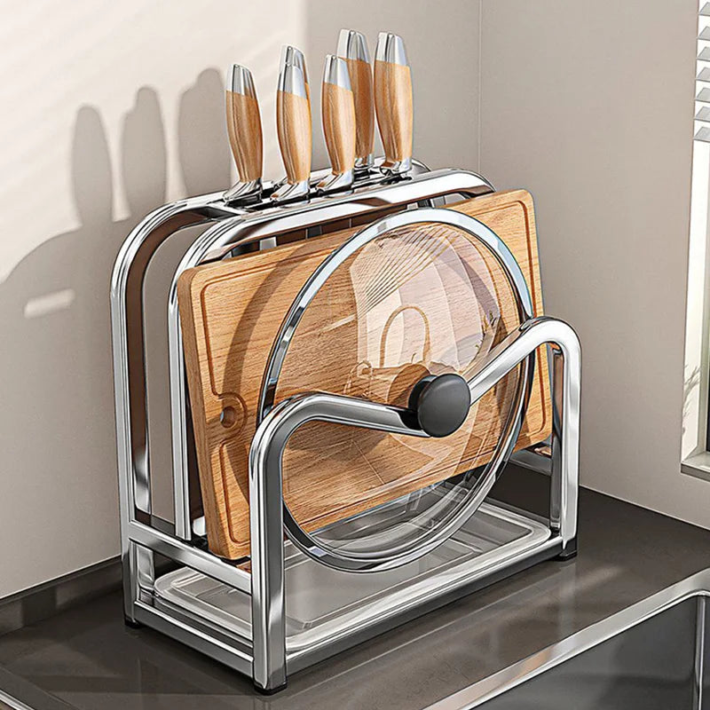 1pc Stainless Steel Knife Holder Kitchen Pot Lid Storage Rack Cutting Board Shelf Household Draining Rack Kitchens Accessories