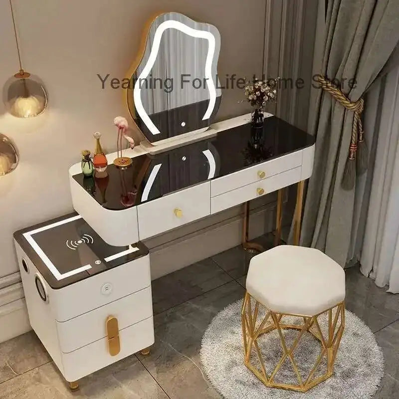 Luxury Glass Dressing Table with Smart Wireless Charging Bedroom Vanity Nightstand Makeup Table Drawers with Led Mirror Dresser