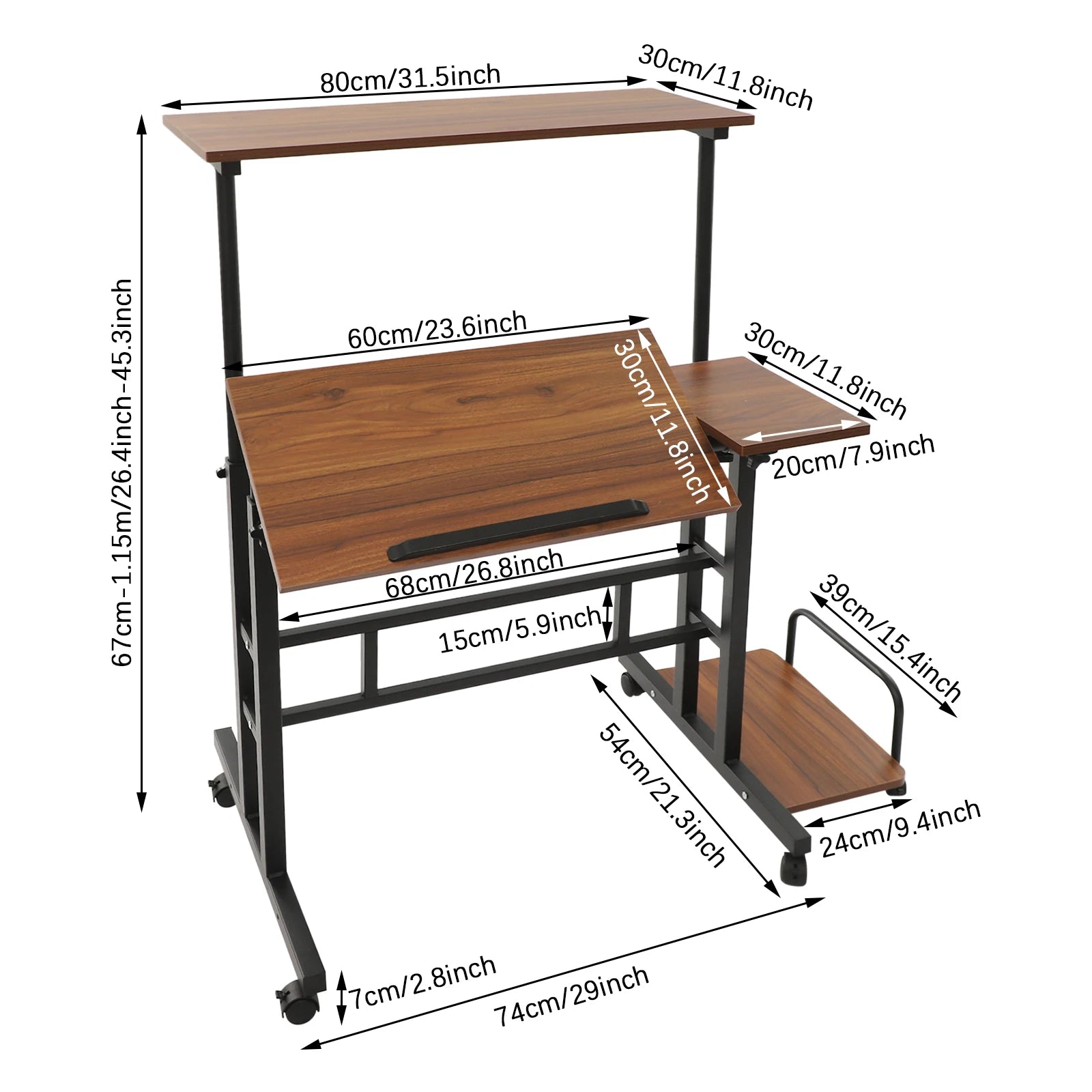 Height Adjustable 67-115CM Double Board Foldable Small Desk, Simple Office Multifunctional Computer Desk, Walnut Color