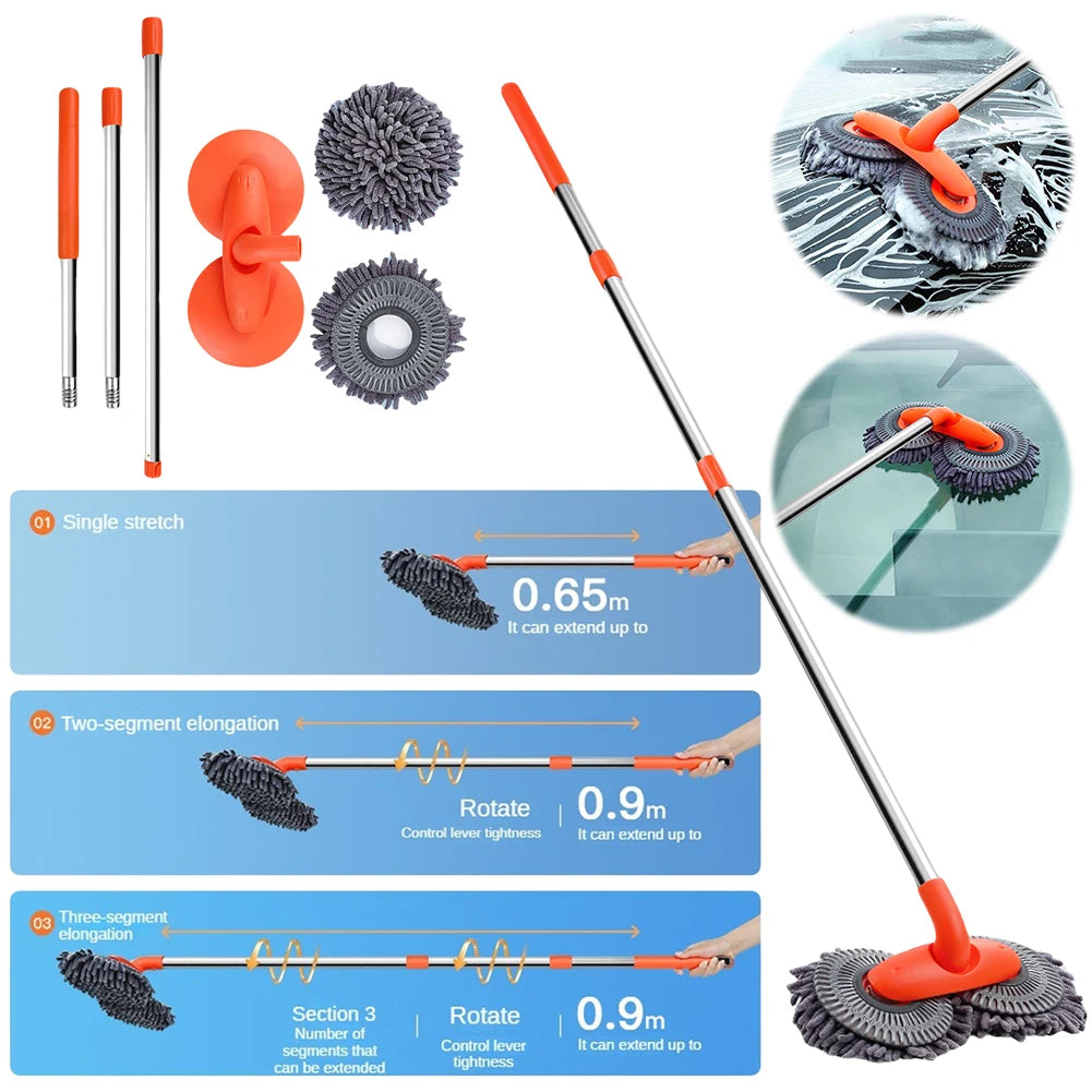Foam Washing Chenille Broom 360 Rotation Car Wash Brush Double Brush Head Stretching Handle Telescopic Mop Auto Care Accessories
