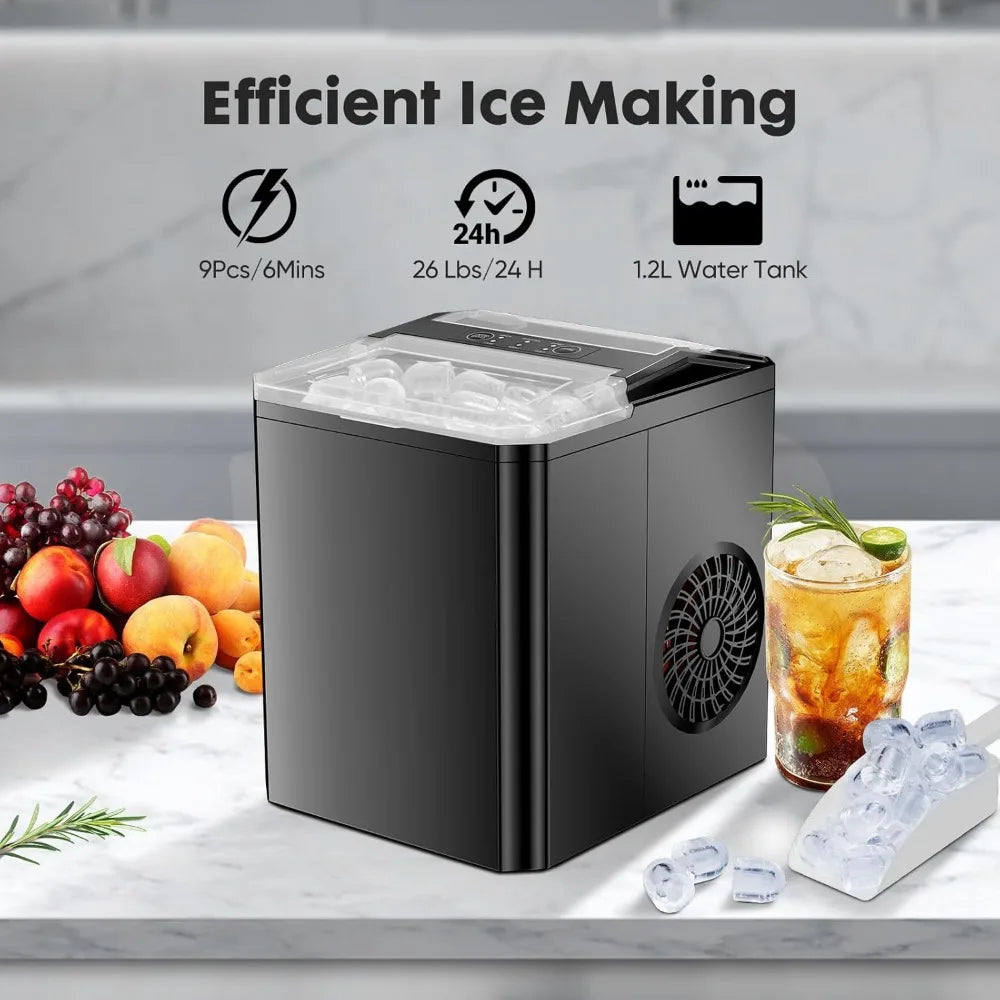 Countertop Ice Maker, Portable Ice Machine Self-Cleaning, 9 Cubes in 6 Mins, 26 lbs/24Hrs, 2 Sizes of Bullet Ice for Home Party